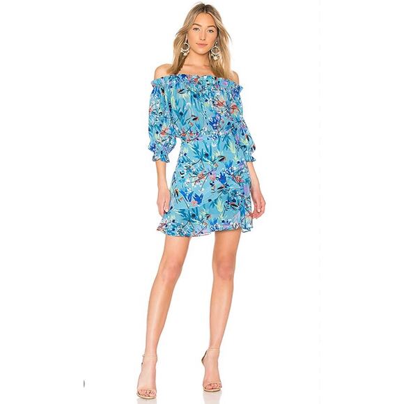 Saloni Grace Mini Dress Silk Blue Bell‎ Wood Off the Shoulder 4 - Picture 1 of 10